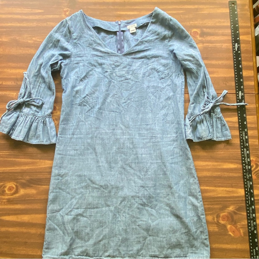 J. Crew Women’s Blue Denim Mini Summer Dress Size 4 Bell Tie 3/4 Sleeves